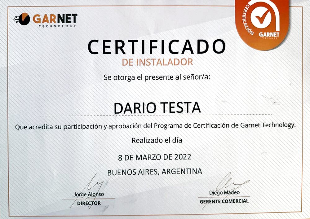 Certificado Garnet Technology Instalador certificado